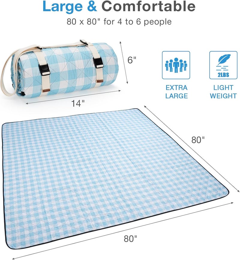 WILLOW WEAVE Picnic Blanket, 80''x80'' Waterproof Outdoor Blankets, Picnic Mat Washable for Beach, Picnic Blankets for Camping on Grass with Shoulder Strap - Blue & White - Image 2